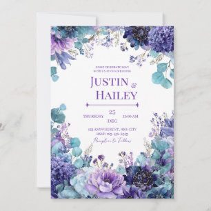 Convite Elegante Índigo Roxo Dourado Floral Aquarela