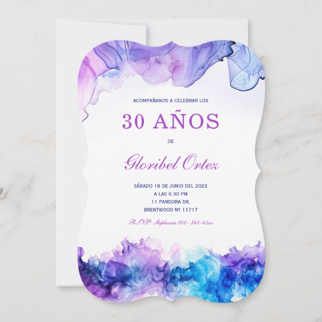 Convite Elegante Invitación de 30º Cumpleaños con Acuarela (Frente)
