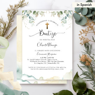 Convite Elegante Invitación de Bautizo Botánica con Hoja