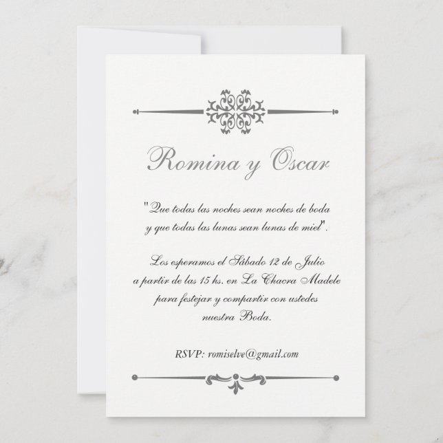 Convite Elegante Invitación para bodas en Español. (Verso)