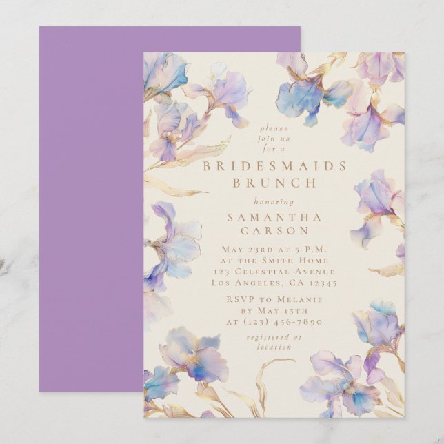 Convite Elegante Iris Floral Watercolor Bridesmaids Brunch (Frente/Verso)
