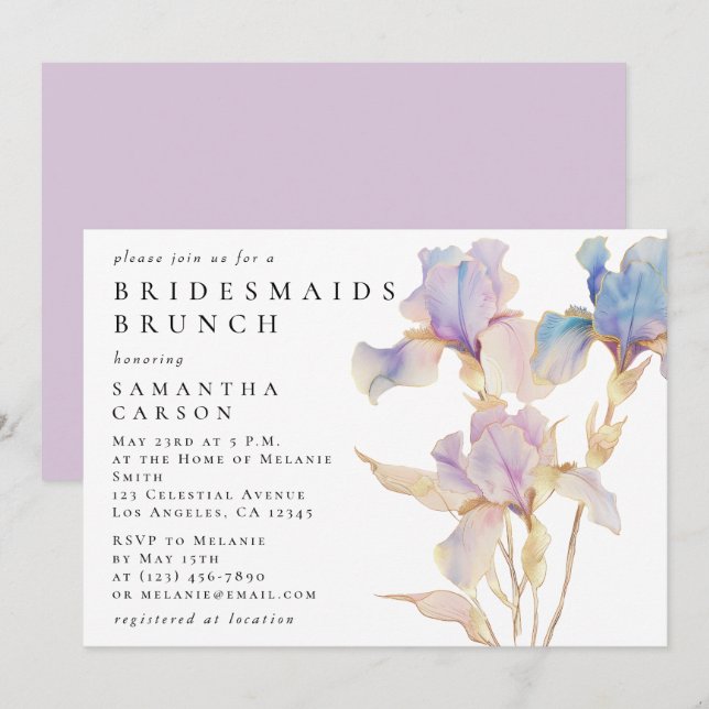 Convite Elegante Iris Floral Watercolor Bridesmaids Brunch (Frente/Verso)