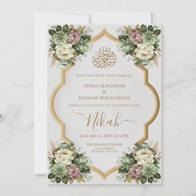 Convite Elegante Islâmico Floral Nikah (Frente)