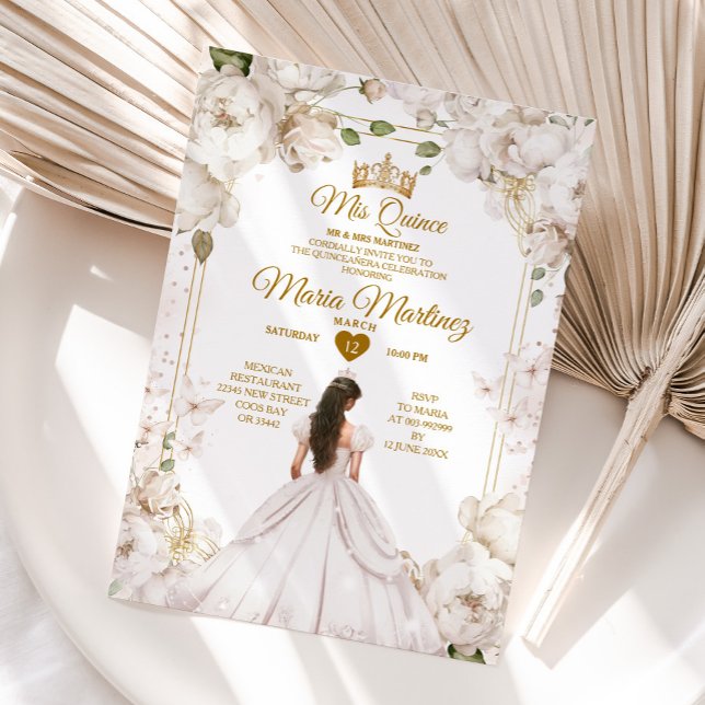 Convite Elegante Ivory White Floral espanhola Girl Mis Qui (Criador carregado)