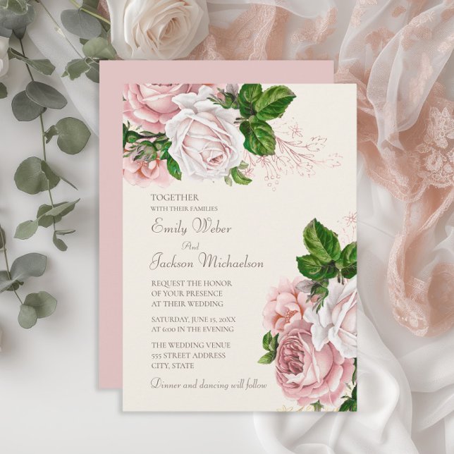 Convite Elegante Jardim Bege Rosa Floral Casamento (Elegant blush pink vintage floral wedding invitation)