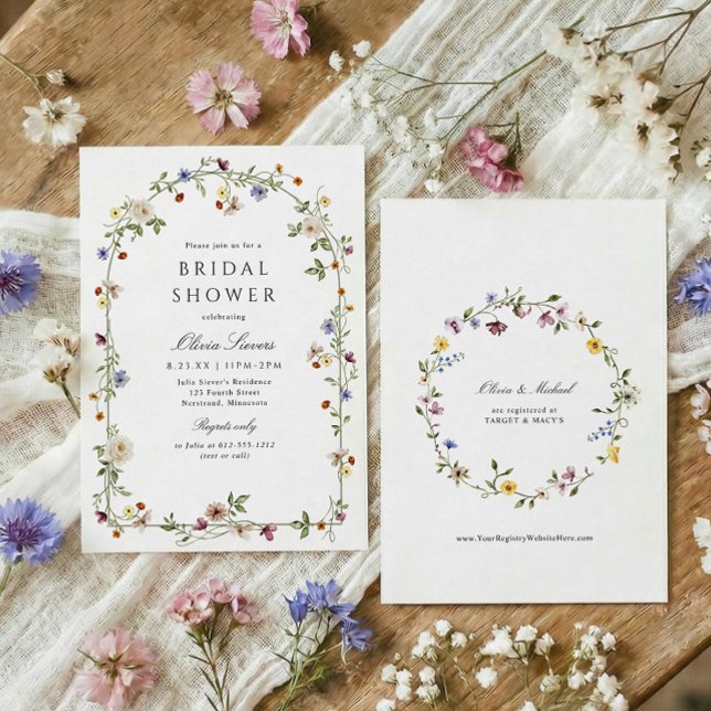 Convite Elegante Jardim de Arco de Flores Silvestres Chá d (Watercolor wildflowers garden bridal shower invitation, elegant botanical flowers with greenery arch)