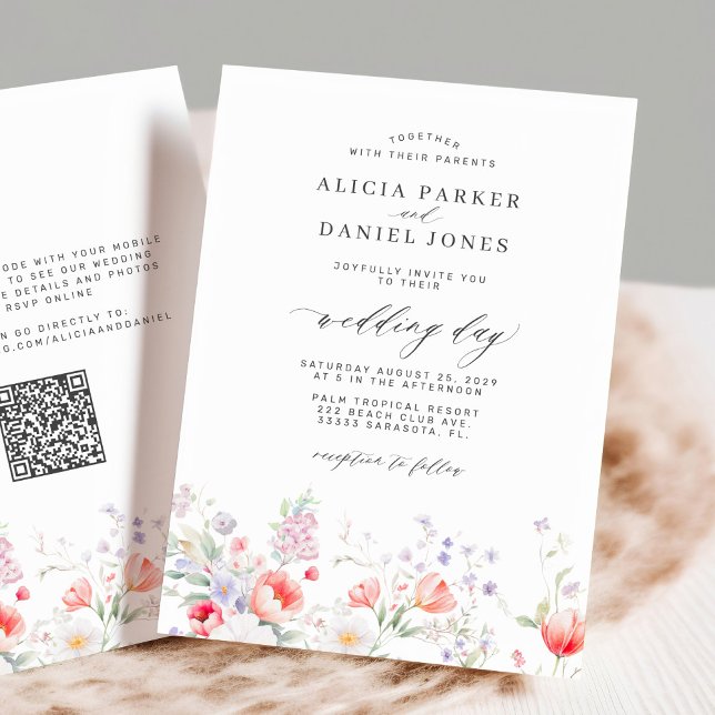 Convite Elegante jardim de flores silvestres código QR RSV (Criador carregado)
