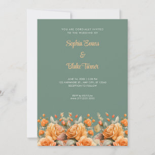 Convite Elegante Jardim de Rosas Laranja Casamento Verde