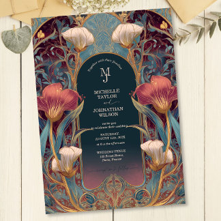 Convite Elegante Jardim Floral Art Nouveau Vinho Tinto Vin
