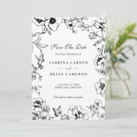 Elegante Jardim Floral Preto e Branco Salve a Data