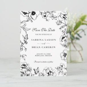Convite Elegante Jardim Floral Preto e Branco Salve a Data
