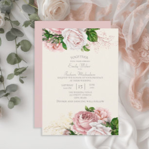 Convite Elegante Jardim Rosa Floral Rosas Creme Casamento