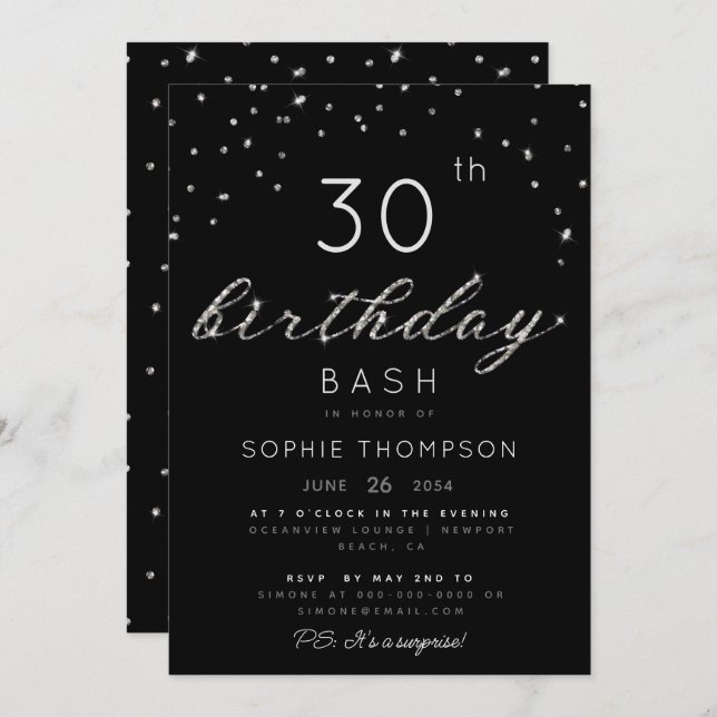 Convite Elegante Jewels Chic Sparkle Festa de aniversário (Frente/Verso)