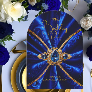Convite Elegante Jóia Azul Dourada de Aniversário Faux Vel