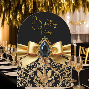 Convite Elegante Jóia Damasco Preto Dourado de Aniversário