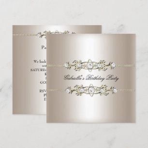 Convite Elegante Jóia de Aniversário Biege Creme Dourado