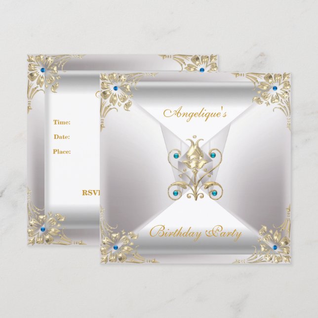 Convite Elegante Jóia de Aniversário em Prata Branco Doura (Frente/Verso)
