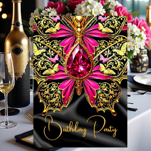 Convite Elegante Jóia de Aniversário Rosa Quente Preto Dou