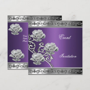 Convite Elegante Joia Floral Roxo Prata
