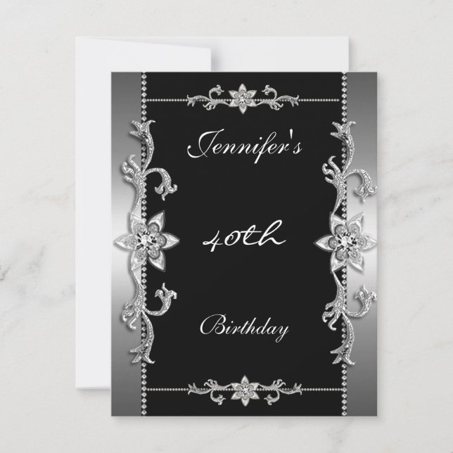 Convite Elegante Jóia Preta Prata 40º (Frente)