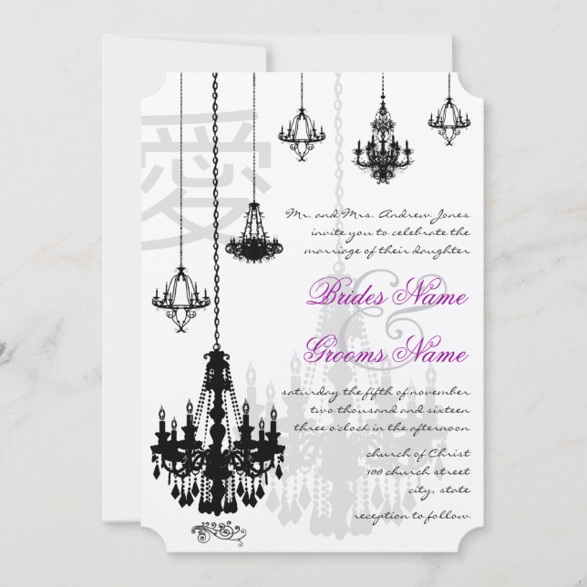 Convite Elegante Kanji para Casamento de Chandeliers Negro (Frente)