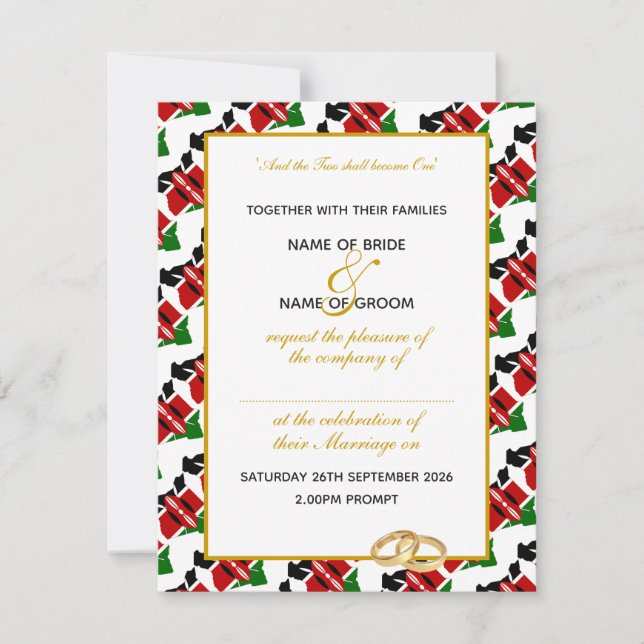 Convite Elegante KENYA FLAG com WEDDING de Script Dourado (Frente)