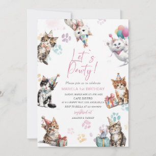 Convite Elegante Kit de Aquarela Um 1º Aniversário Gatinho