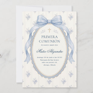Convite Elegante Laço Azul Espanhol Primera Comunion