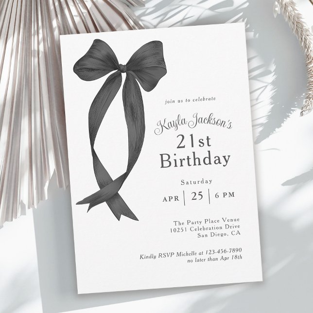 Convite Elegante Laço Coquete Preto Festa de Aniversário d (Invitation may be ordered in both printed and instant download digital formats.)