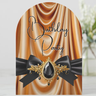 Convite Elegante Laço de Joia de Seda Dourada para Anivers