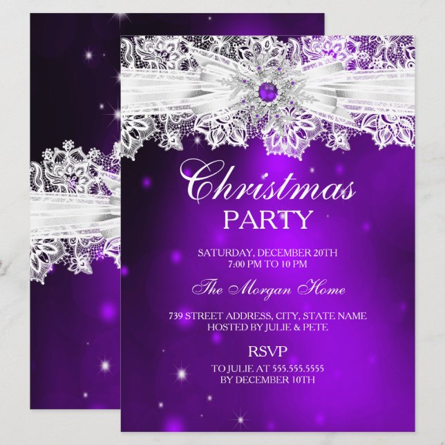 Convite Elegante Laço de Renda Roxo Festa de Natal Feriado (Frente/Verso)