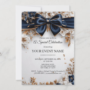 Convite Elegante Laço Floral Azul Naval Dourado Festa