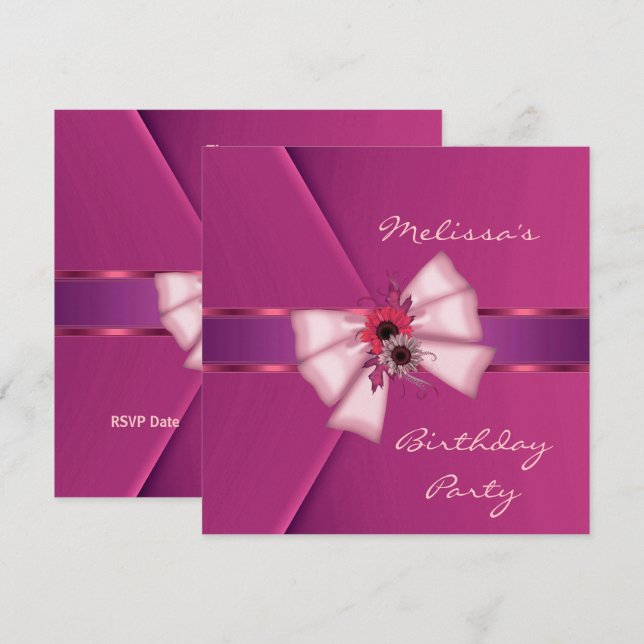 Convite Elegante Laço Floral de Veludo Rosa 2 (Frente/Verso)