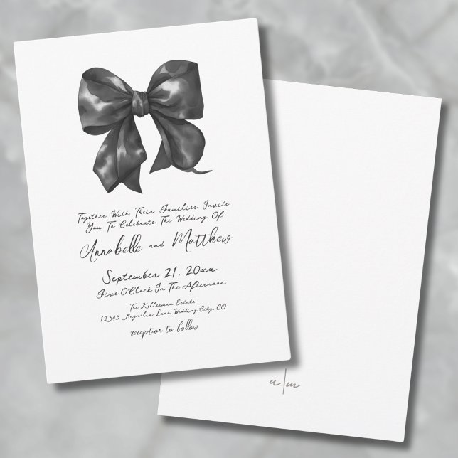 Convite Elegante Laço Preto Simples de Casamento (Elegant Simple Handwritten Black Bow Wedding Invitation)