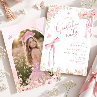 Convite Elegante laço rosa coquette FLORAL  foto formatura
