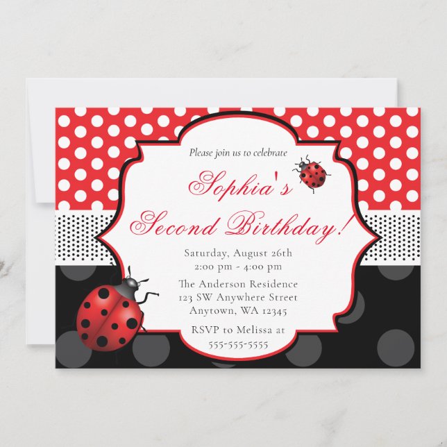 Convite Elegante Ladybug Bolinhas Birthday (Frente)