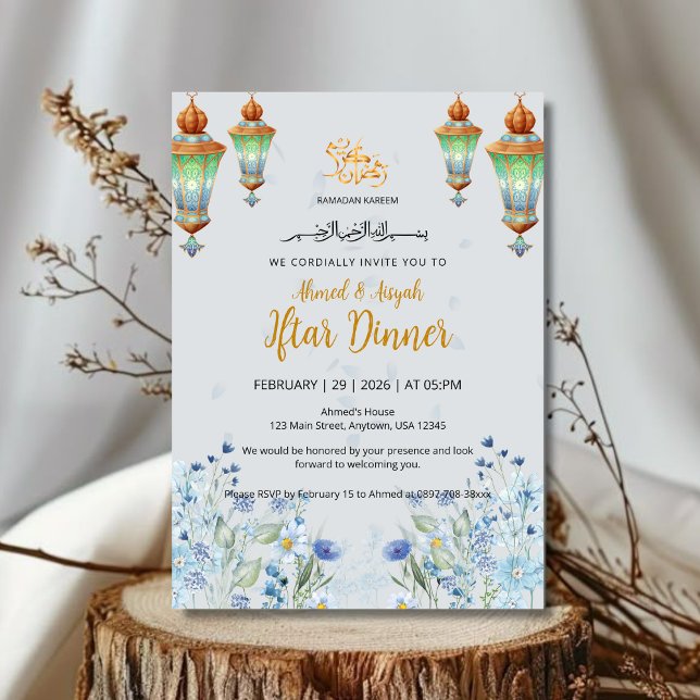 Convite Elegante Lanterna Azul Floral para Iftar do Ramadã (Criador carregado)