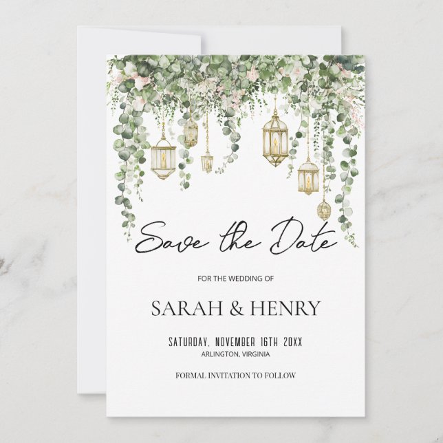 Convite Elegante Lanterna de Eucalipto Save the Date   (Frente)