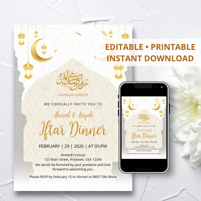 Convite Elegante Lanterna Dourada e Iftar da Lua Crescente (Criador carregado)