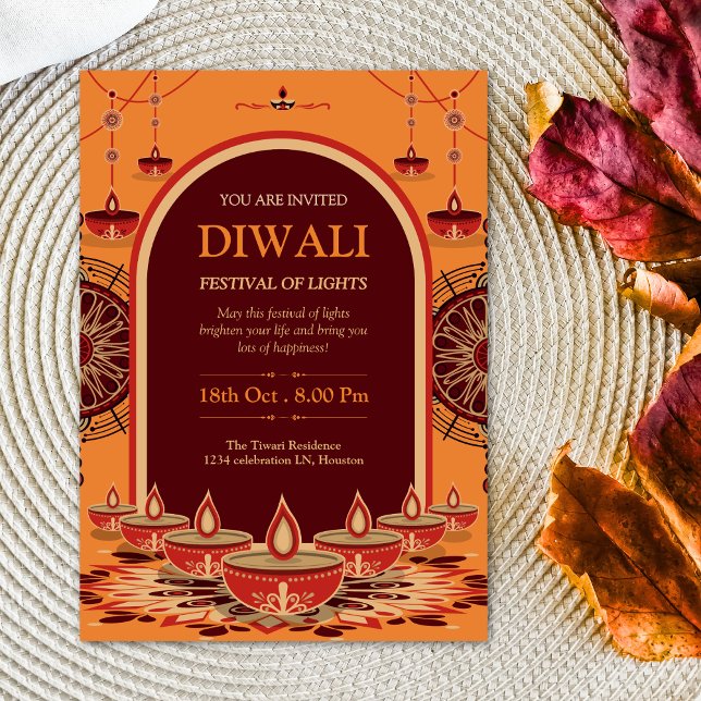 Convite Elegante laranja mandala Diwali Festival das Luzes (Criador carregado)