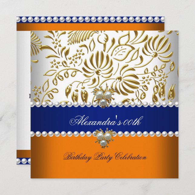Convite Elegante Laranja Marinho Azul Dourado Damask PearP (Frente/Verso)
