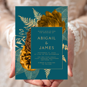Convite Elegante Laranja Queimada Dourado Floral Azul Turq