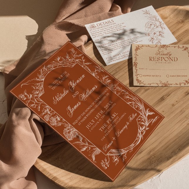 Convite Elegante Laranja Queimado Floral Boho Terracota Ca (Criador carregado)