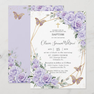 Convite Elegante Lavanda Roxa Floral Batismo Crisma