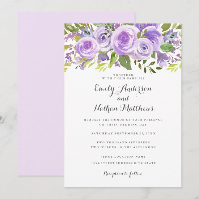 Convite Elegante Lavanda Roxa Floral Rosa Casamento (Frente/Verso)