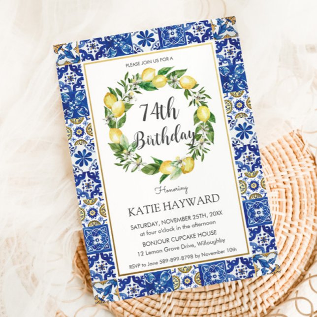 Convite Elegante Lemon Mediterrânica 74.º Aniversário de Q (Criador carregado)