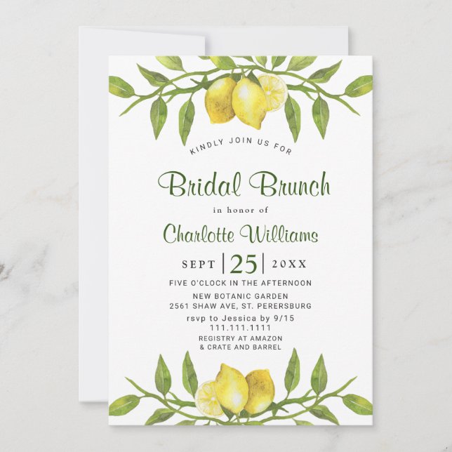 Convite Elegante Lemons Watercolor Greenery BRIDAL BRUNCH (Frente)