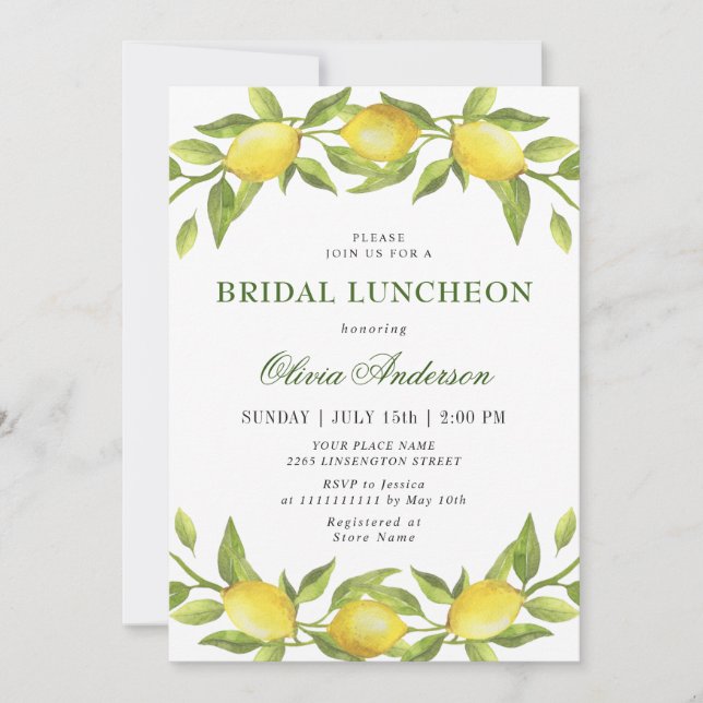 Convite Elegante Lemons Watercolor Greenery BRIDAL LUNCHEO (Frente)