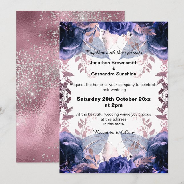 CONVITE ELEGANTE LILAC GLITTER FLORAL MARINHO WEDTING (Frente/Verso)
