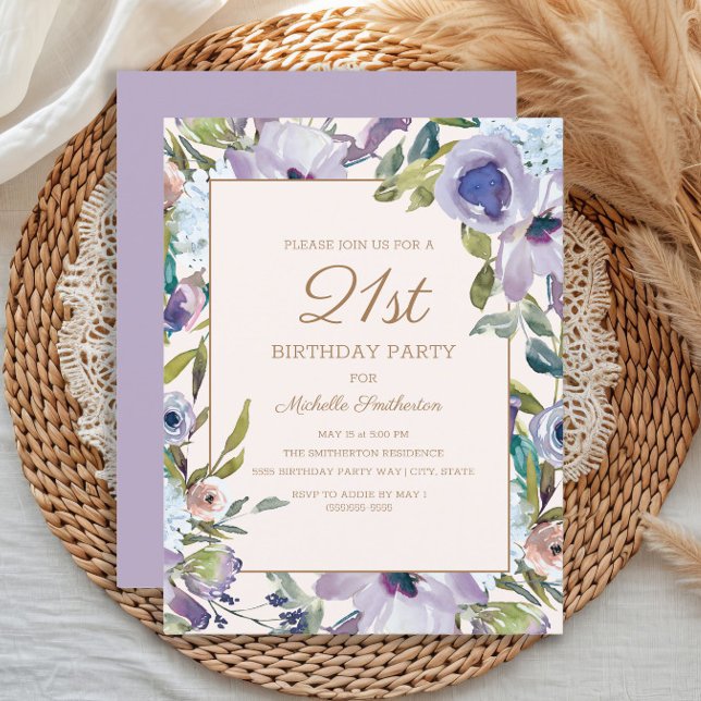 Convite Elegante Lilac Purple Floral aniversário de 21 ano (Elegant purple watercolor floral 21st birthday party invitation)
